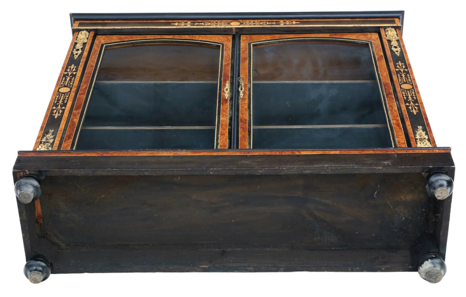 Antique C1880 Large Quality Inlaid Ebonised, Amboyna And Burr Walnut Pier Display Cabinet Asthetic 1880 photo vinterior