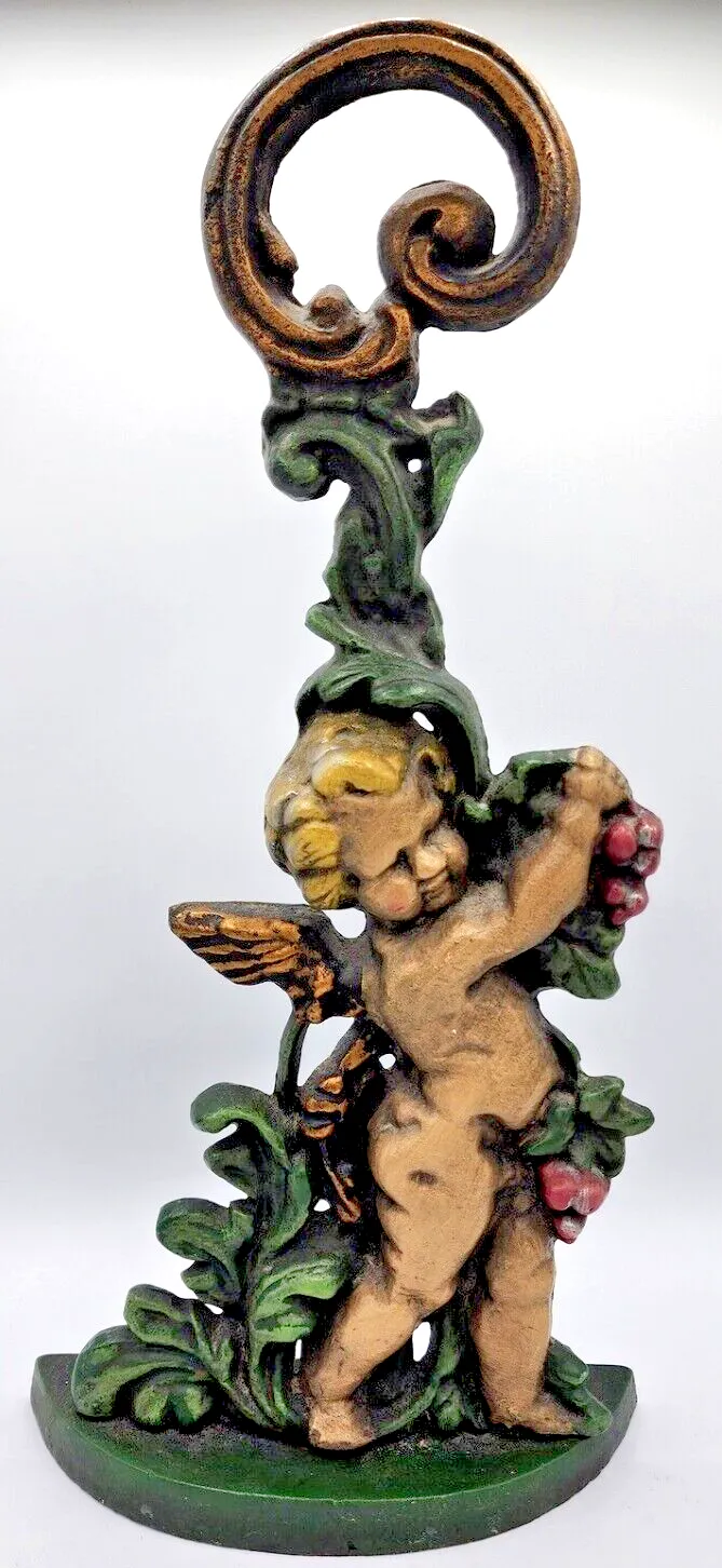 Antique Hand Painted Cast Iron Putti ,Cherub, Cupid Door Stop / Porter By Peerage Of England 16” Tall