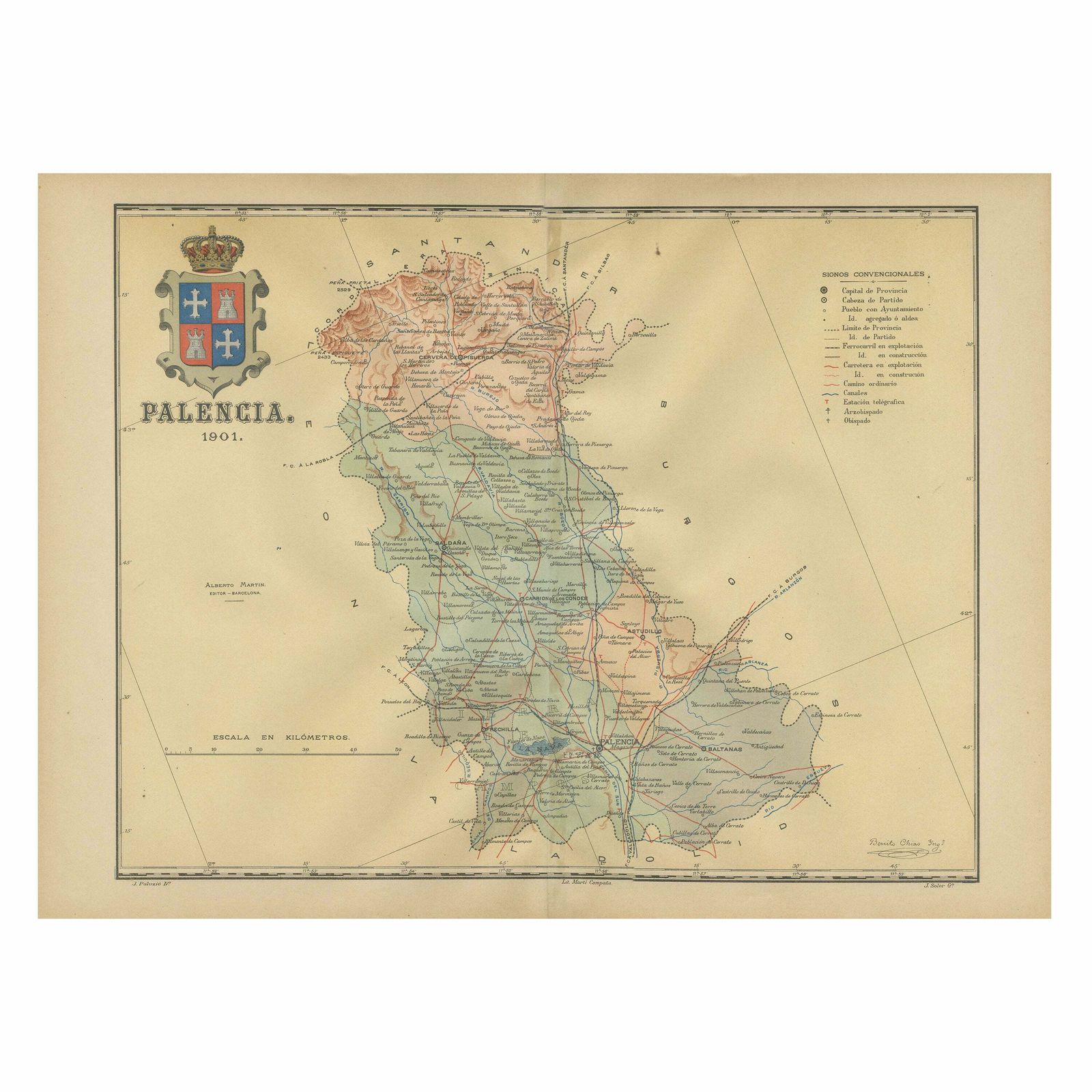 Original Antique Map Of Palencia Province, In Northern Spain, 1901