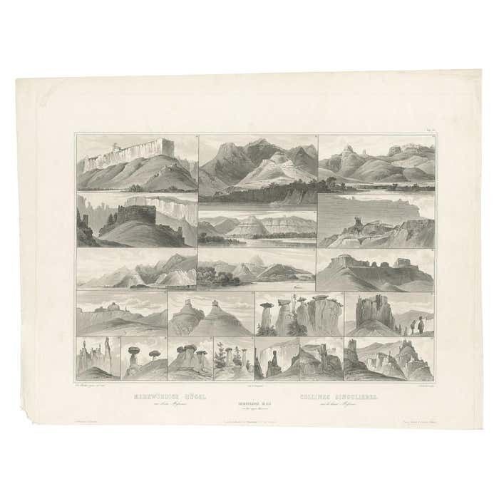Antique Print Of Hills On The Upper Missouri Made After Bodmer, Circa 1840