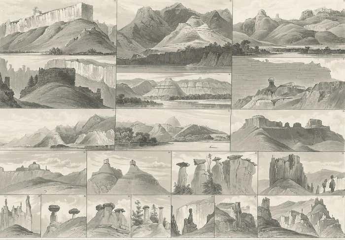 Antique Print Of Hills On The Upper Missouri Made After Bodmer, Circa 1840 photo for sale