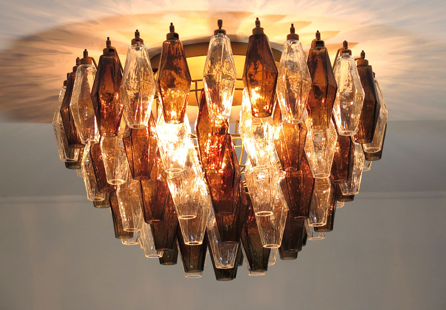 photo for sale Elegant Murano Poliedri Ceiling Light   Carlo Scarpa   Trasparent And Smoked Glasses