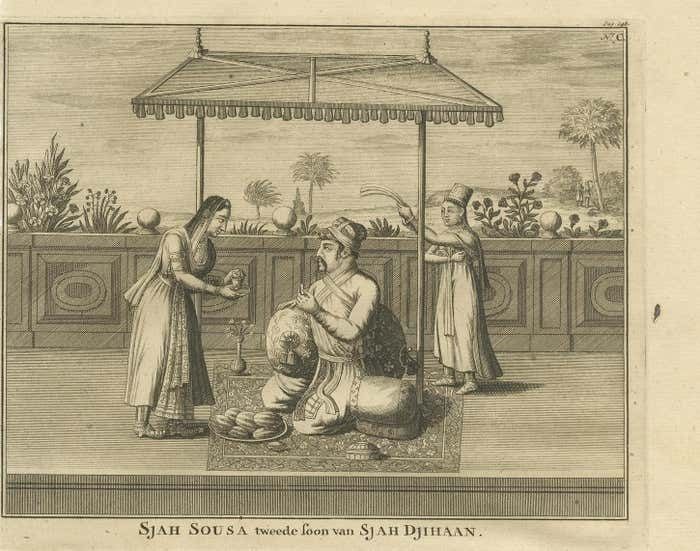 Antique Print Of Shah Shuja And A Christian Lady By Valentijn, 1726 photo for sale