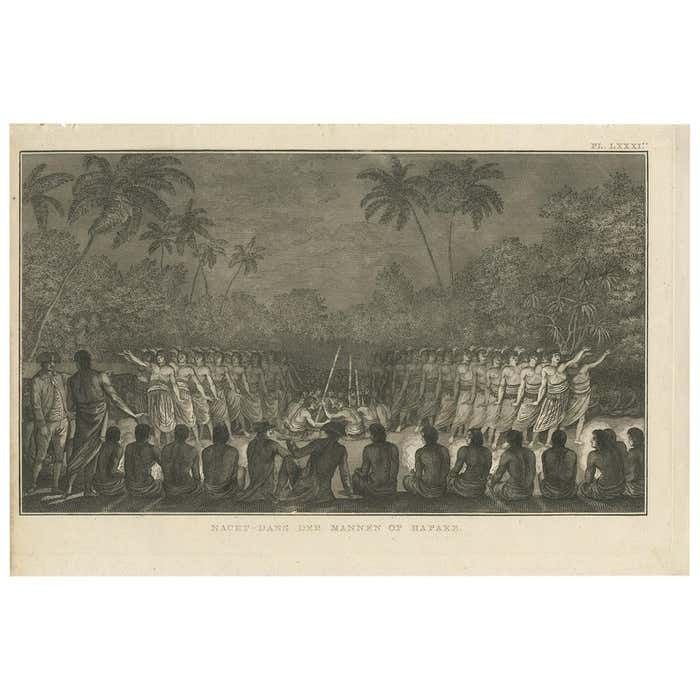 Antique Print Of A Night Dance By Men From Hapaee By Cook, 1803