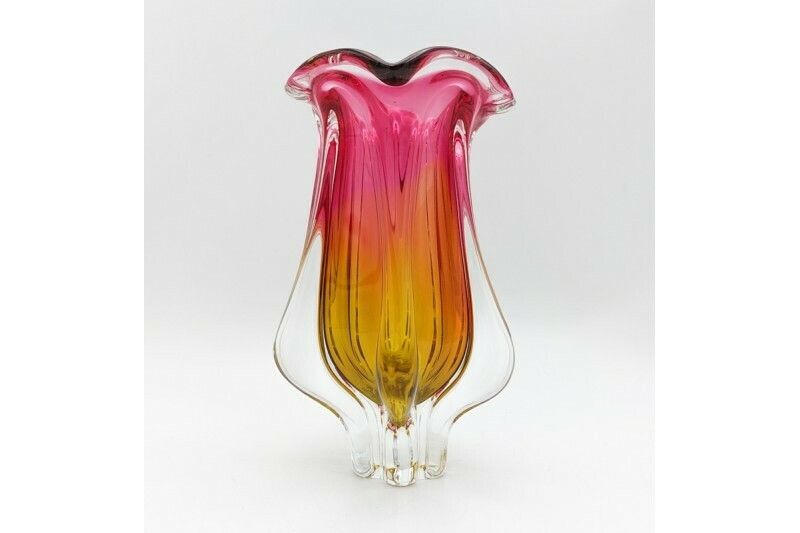 Pink And Yellow Glass Vase, Huta Chribska, Mid 20th Century. photo for sale