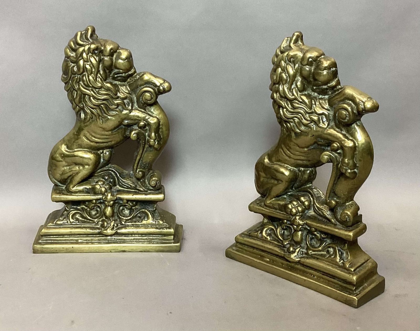 Home Fixtures Rare C19th Pair Of Brass Lion Doorstops / Door Porters photo
