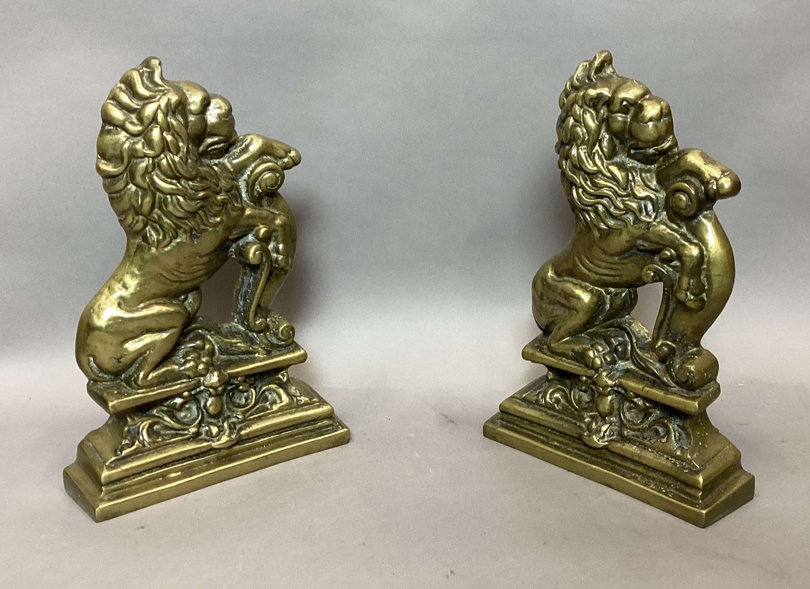 1375.0 Rare C19th Pair Of Brass Lion Doorstops / Door Porters photo