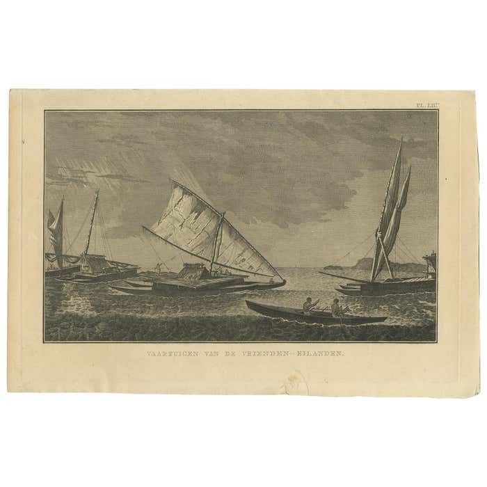 Antique Print Of Various Vessels Of The Friendly Islands By Cook, 1803