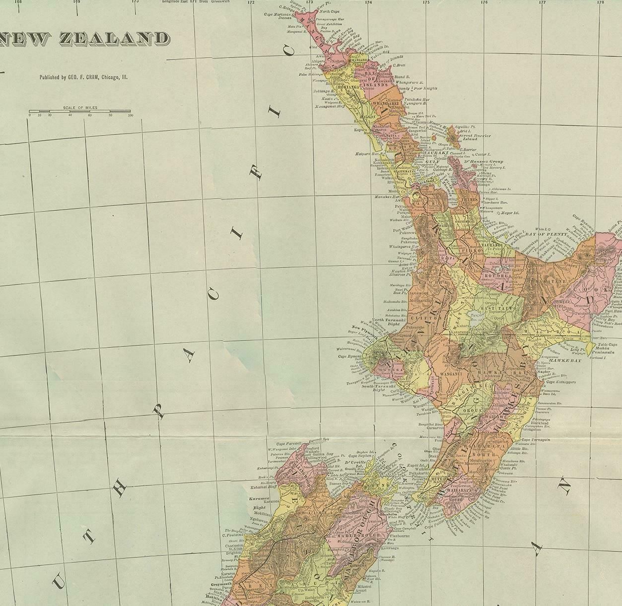 Antique Map Of New Zealand By G.F. Cram, 'Circa 1906' photo for sale