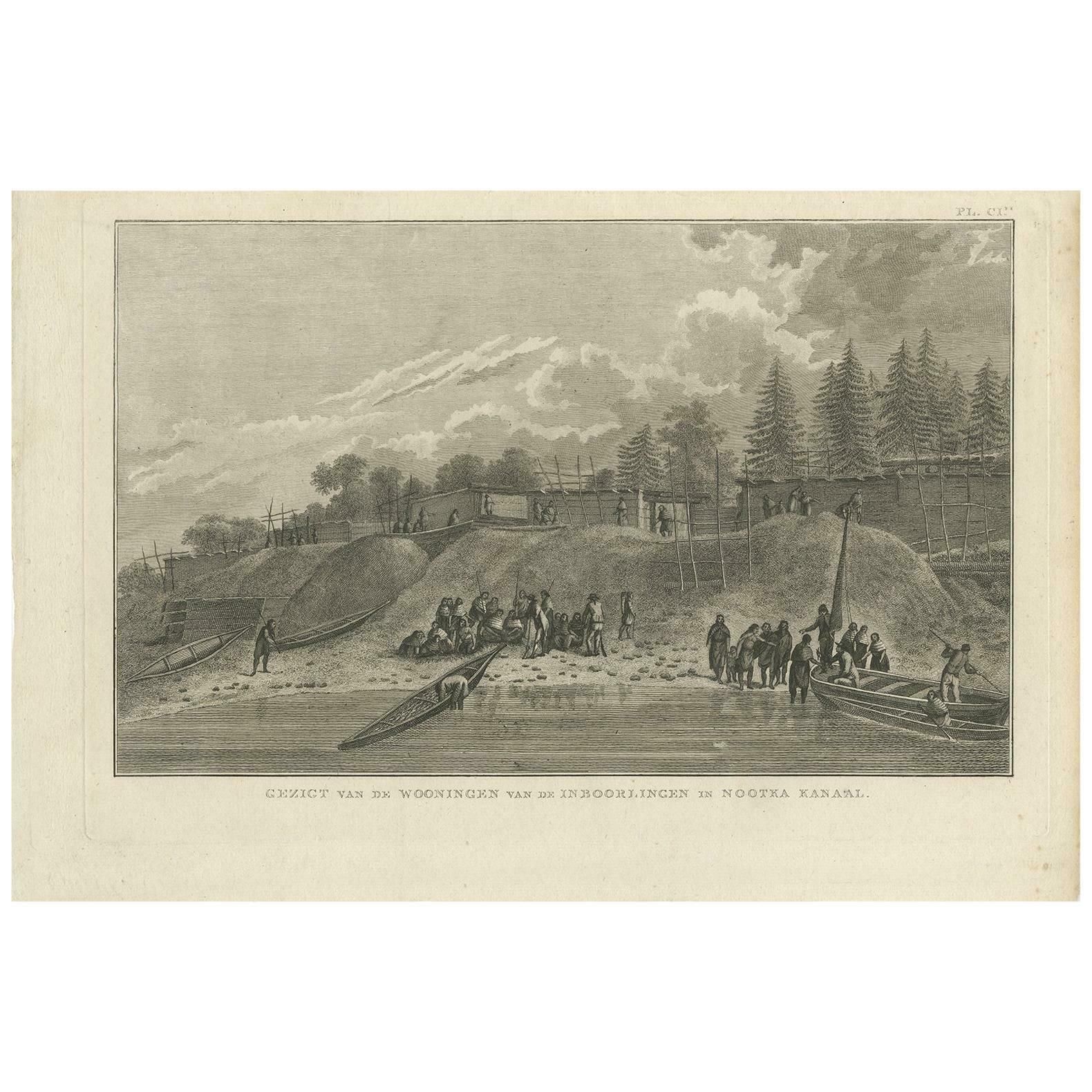 Antique Print Of Houses In Nootka Channel By Cook, 1803