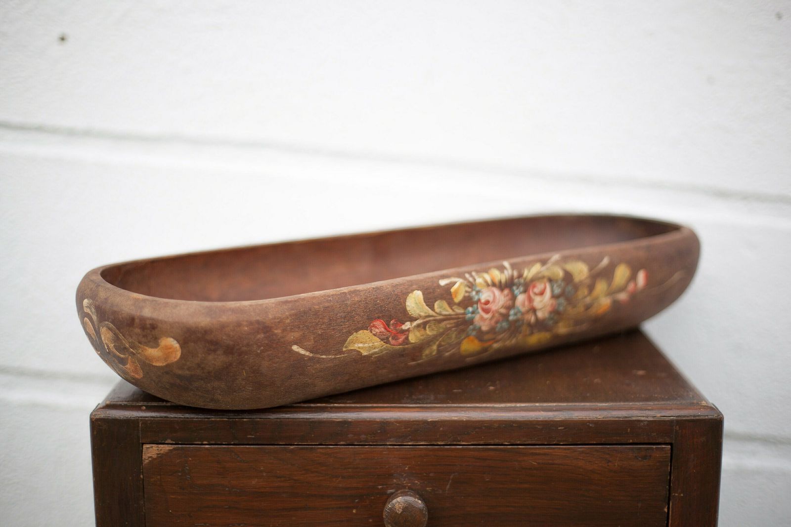 Vintage Wooden Basket, Wooden Basket With Flower Patterns, Hand Painted Signed, Kitchen, Fruit Bowl, Table Center photo for sale