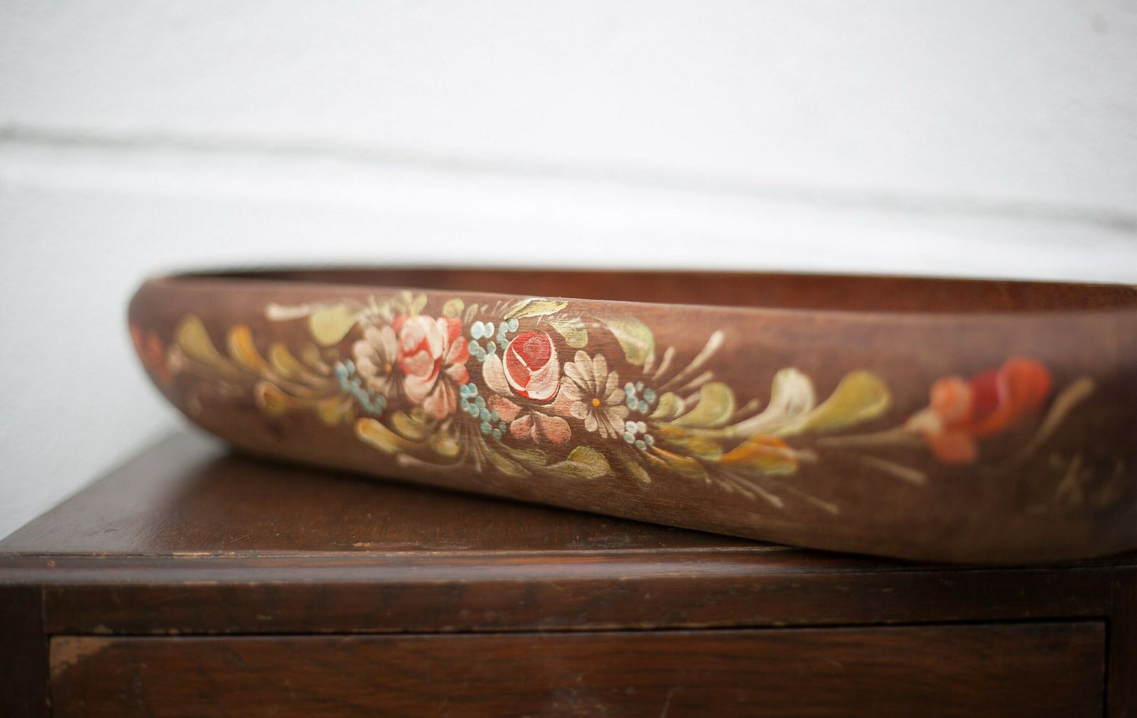 Vintage Wooden Basket, Wooden Basket With Flower Patterns, Hand Painted Signed, Kitchen, Fruit Bowl, Table Center photo buy