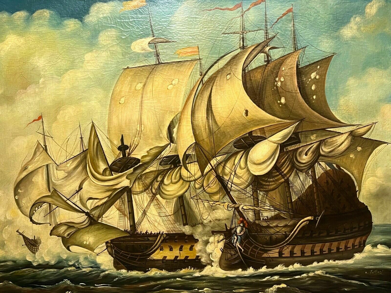 Large 19th Century Italian School Dino Fattori Man O War Battleship Oilpainting photo Art