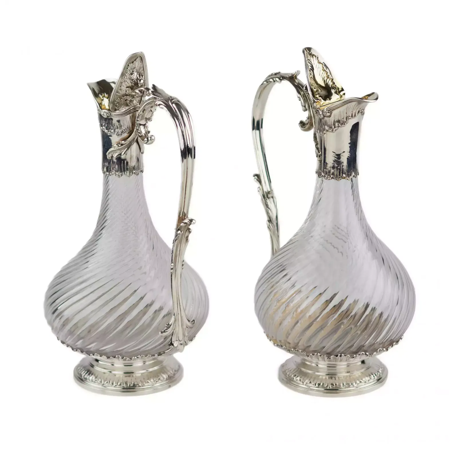 Pair Of French Spiral Glass Wine Jugs With Silver Late 19th Century photo vinterior