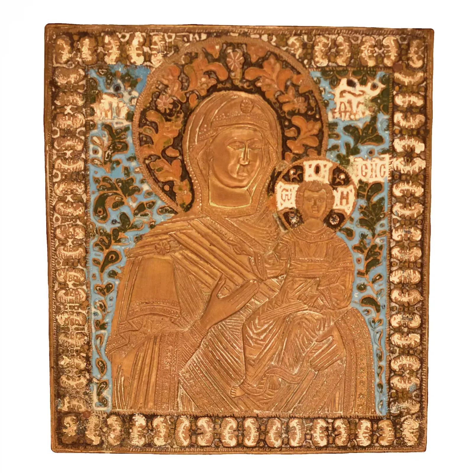 Large, Copper Cast Icon Of The Smolensk Mother Of God, With Five Enamels, In An Icon Case. Russia. 19th Century. photo furniture