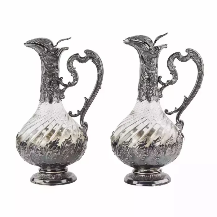 Frangiere & Laroche. Pair Of French Glass Wine Jugs In Silver From The 1880s. photo furniture