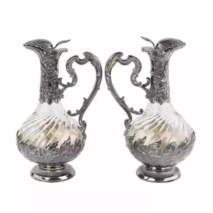 Frangiere & Laroche. Pair Of French Glass Wine Jugs In Silver From The 1880s. photo Home Decor