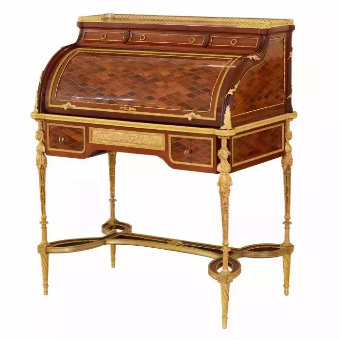 E.Kahn. A Magnificent Cylindrical Bureau In Mahogany And Satin Wood With Gilt Bronze. photo furniture