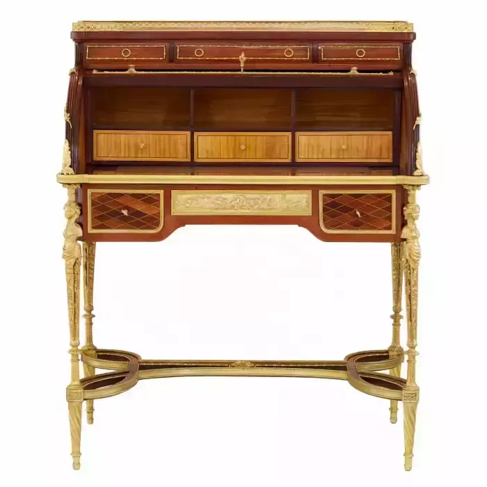 E.Kahn. A Magnificent Cylindrical Bureau In Mahogany And Satin Wood With Gilt Bronze. photo Furniture