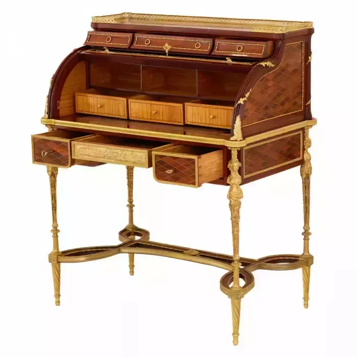 E.Kahn. A Magnificent Cylindrical Bureau In Mahogany And Satin Wood With Gilt Bronze. photo vinterior