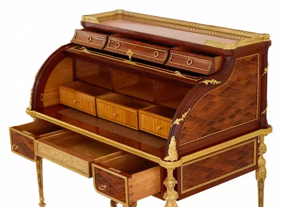E.Kahn. A Magnificent Cylindrical Bureau In Mahogany And Satin Wood With Gilt Bronze. photo buy