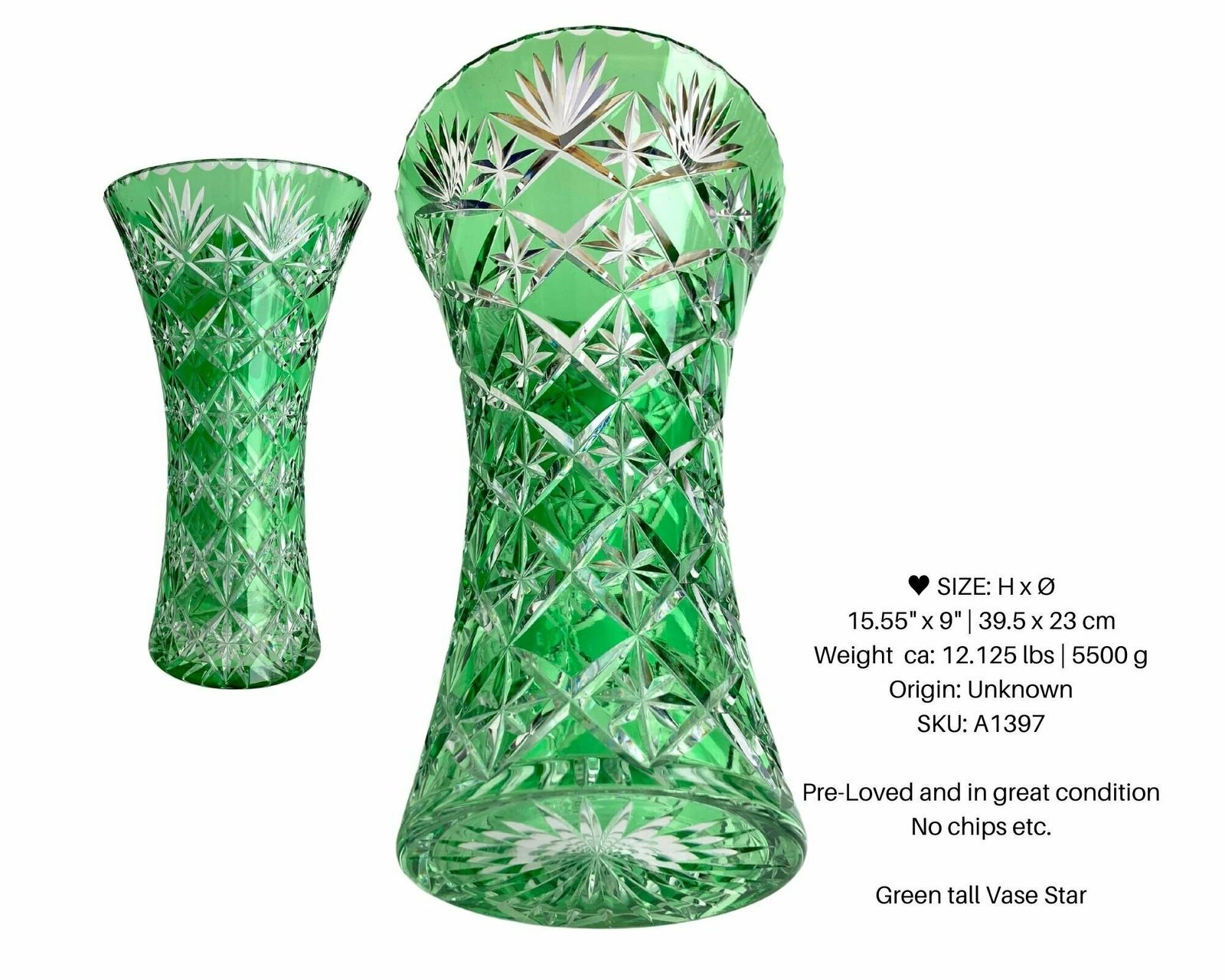 Tall Crystal Green Vase | 15.55" Tall (39.5cm) | Spectacular Hand Cut Piece photo furniture