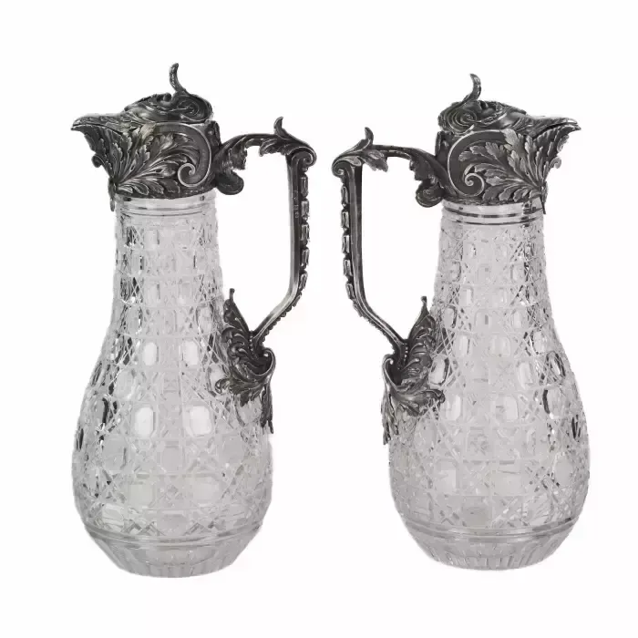 A Magnificent Pair Of Cast Crystal Wine Jugs In Superb Bolin Silver. Moscow. Russia 19th Century. photo vinterior