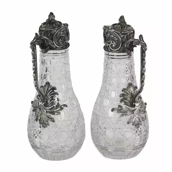 A Magnificent Pair Of Cast Crystal Wine Jugs In Superb Bolin Silver. Moscow. Russia 19th Century. photo buy