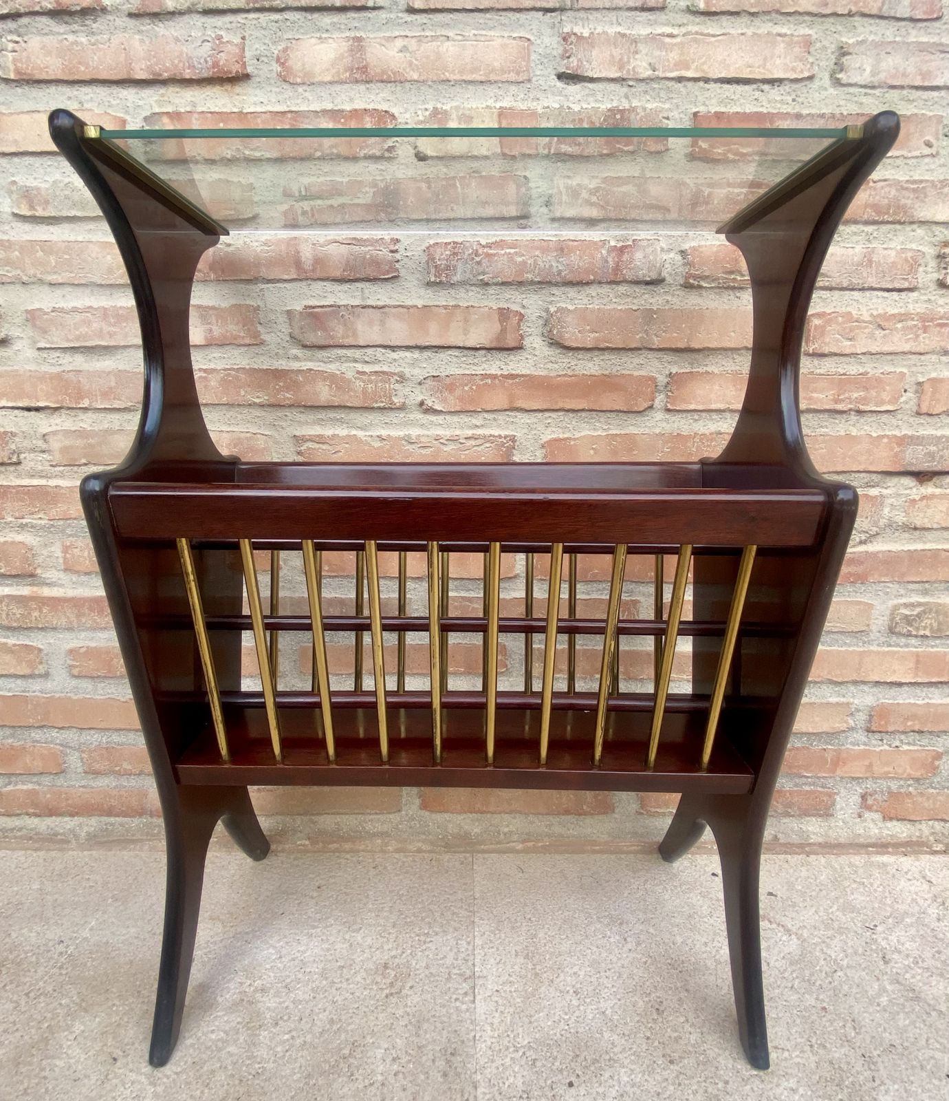 1950s French Mid Century Glass & Wood Folio Stand Magazine Rack photo for sale