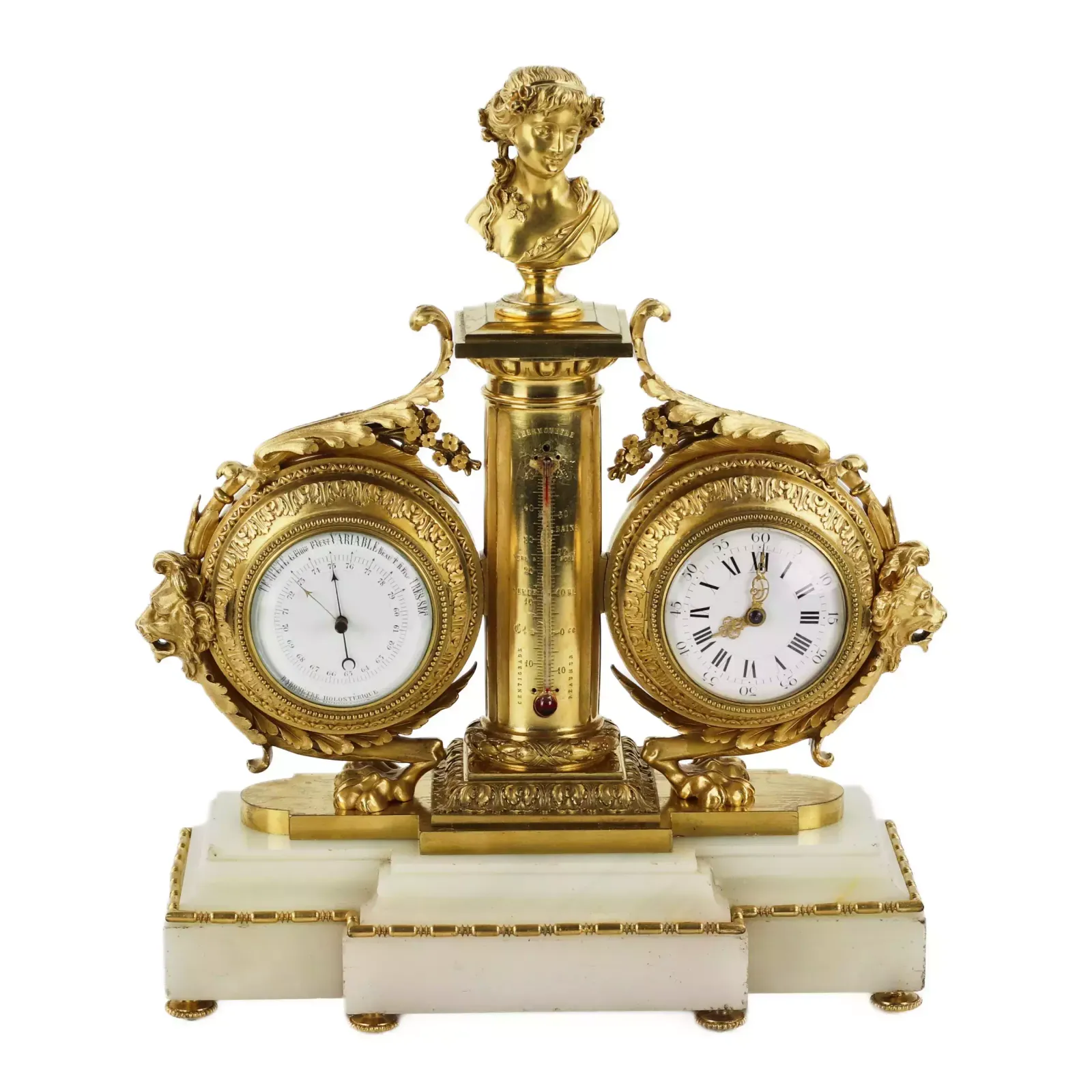 Tabletop Instrument In White Marble Gilded Bronze With Clock Thermometer And Barometer 19th Century