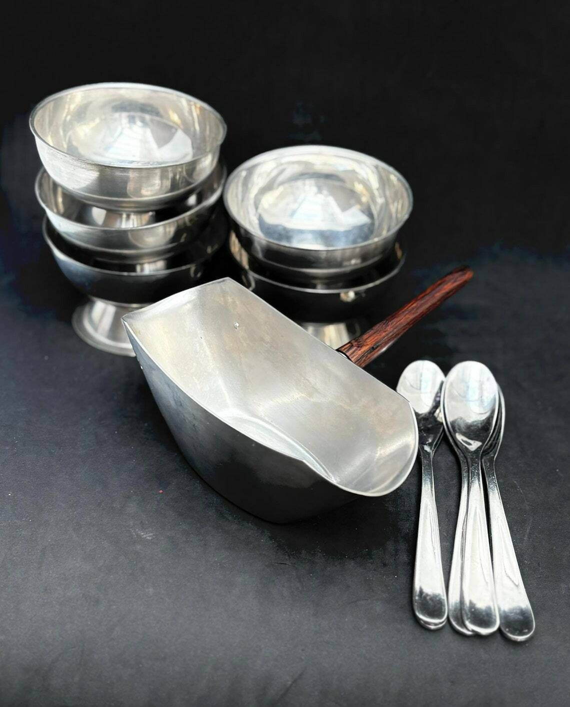 Ice Cream Set 5 Cups, Sauce Boat And 5spoons Vintage French Metal As New, Mom Gift Hostess Wedding Gift Cream Bowl Fruit Salad Footed