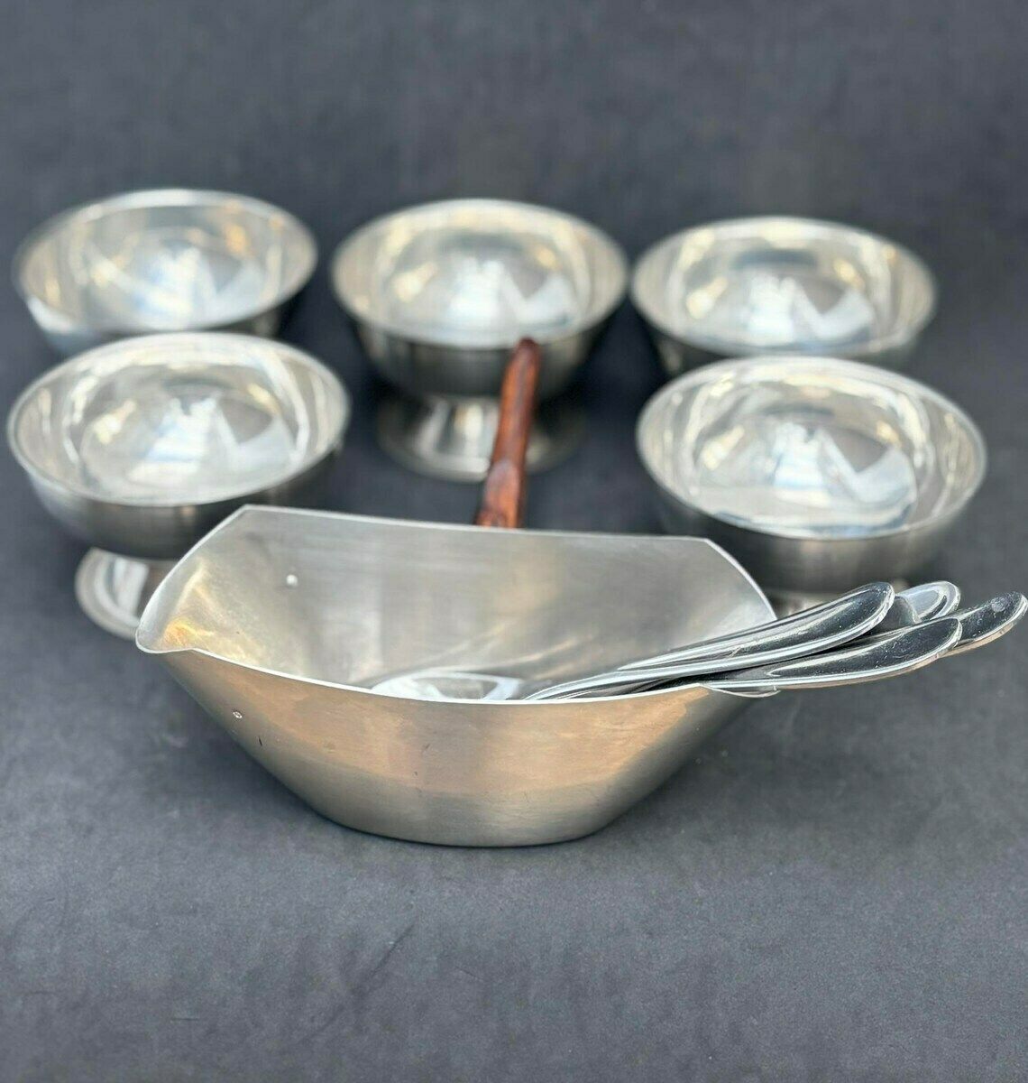 Ice Cream Set 5 Cups, Sauce Boat And 5spoons Vintage French Metal As New, Mom Gift Hostess Wedding Gift Cream Bowl Fruit Salad Footed photo buy