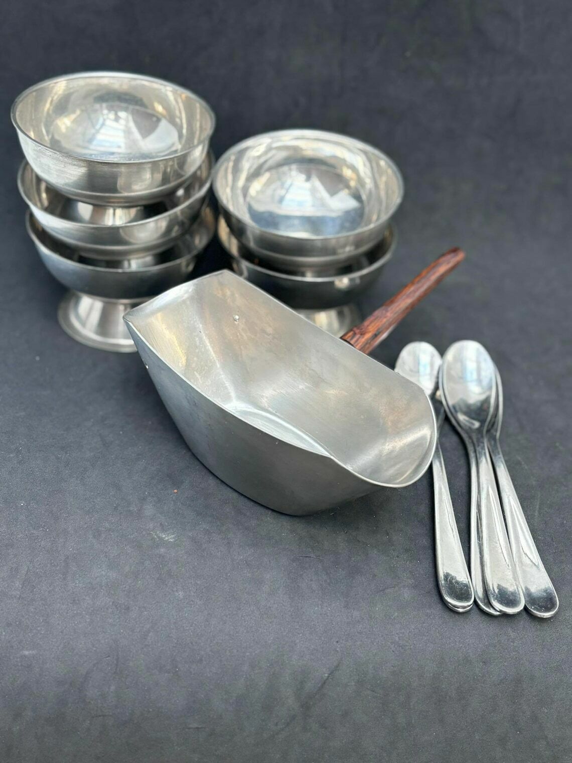 photo for sale Ice Cream Set 5 Cups, Sauce Boat And 5spoons Vintage French Metal As New, Mom Gift Hostess Wedding Gift Cream Bowl Fruit Salad Footed