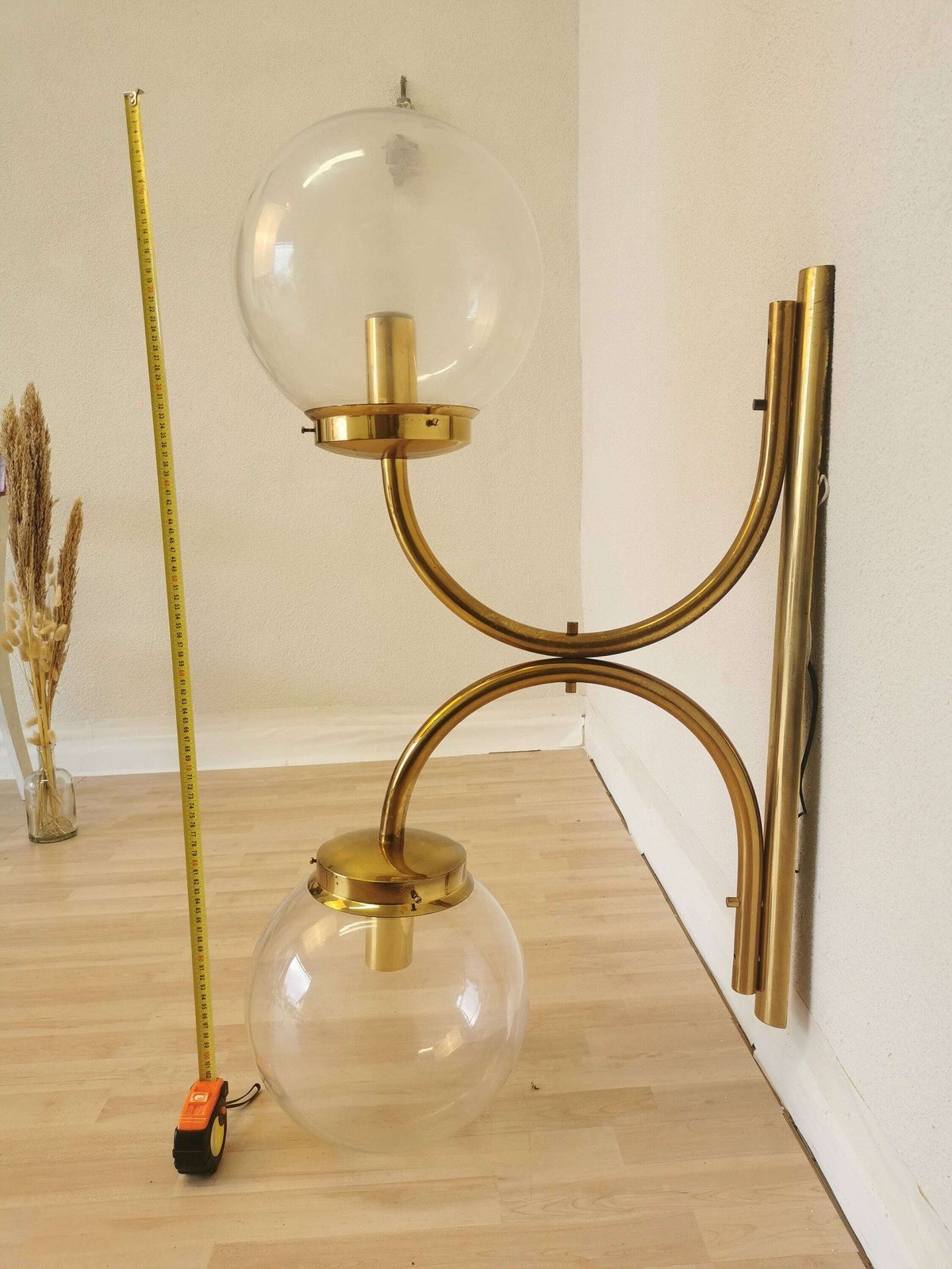 Extra Large Vintage Lighting Fixtures Gold Brass Wall Lamp Very Big Clear Glass Bulbs Mid Century Italy 1970s photo furniture