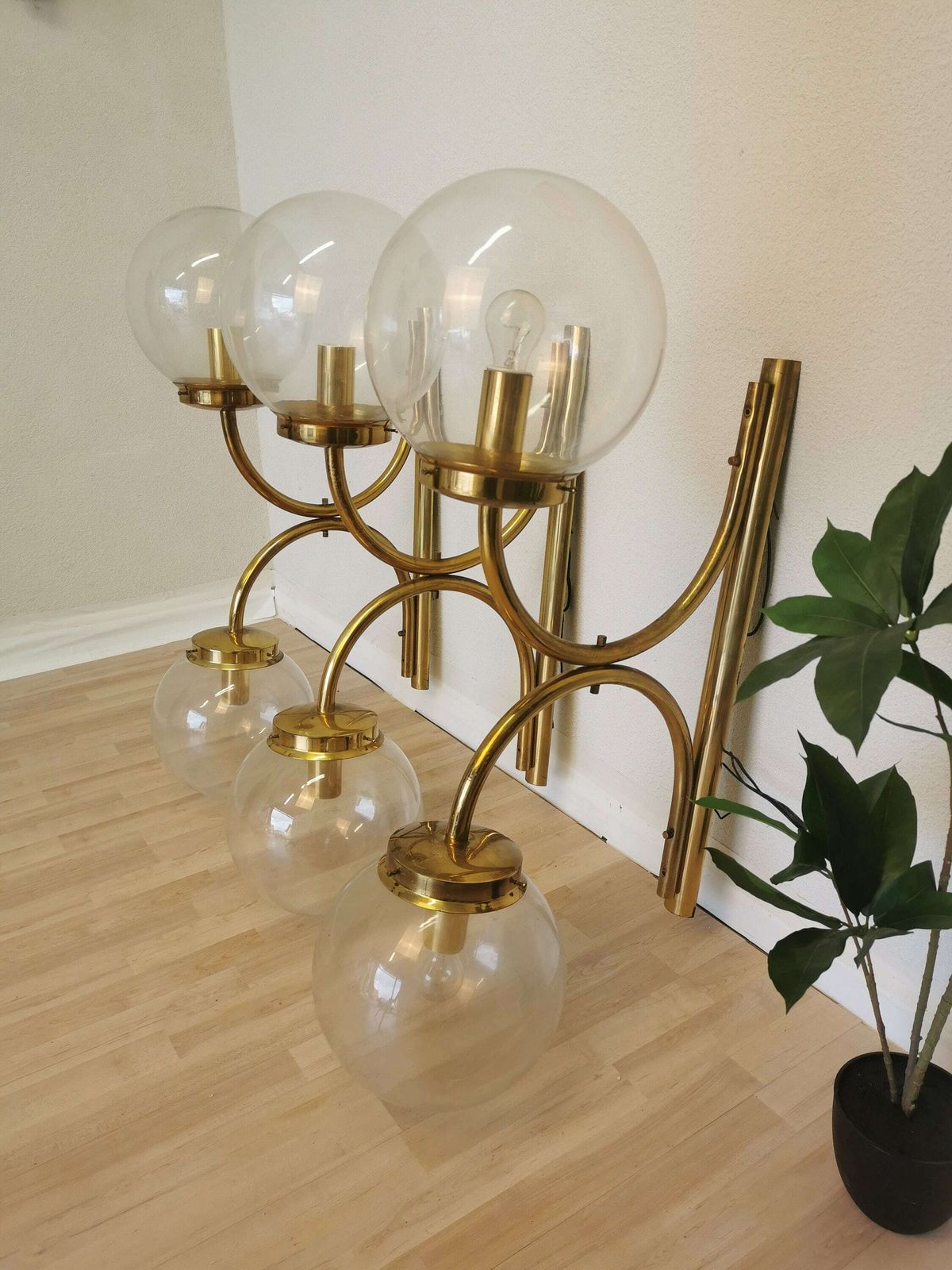 Extra Large Vintage Lighting Fixtures Gold Brass Wall Lamp Very Big Clear Glass Bulbs Mid Century Italy 1970s photo for sale