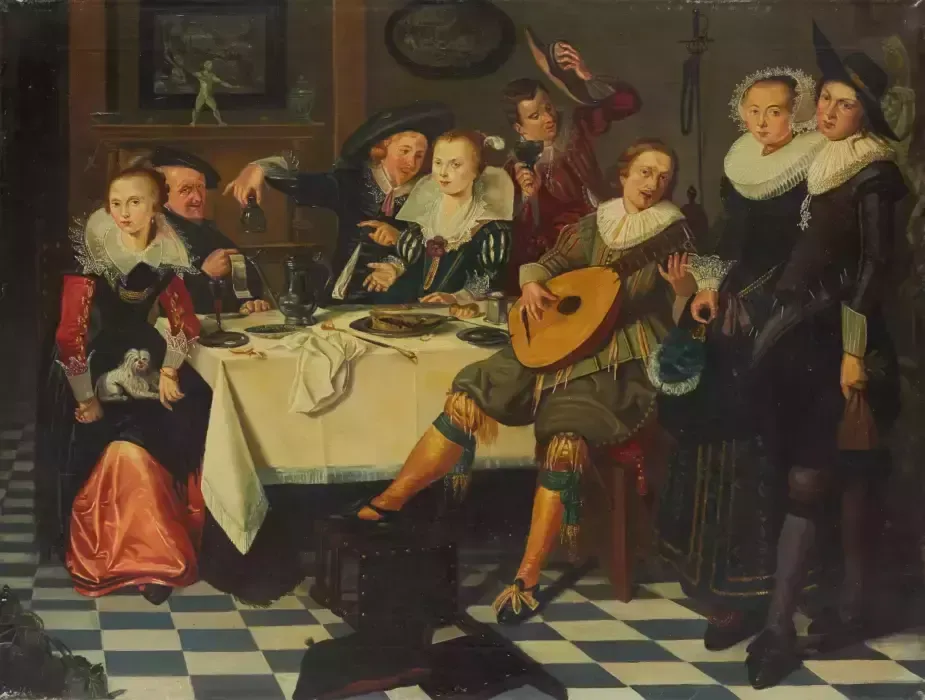 School Of Dirck Hals (1591 1656). Feasting Company. photo furniture