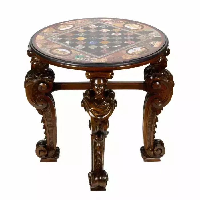 An Impressive Chess Table With Precious Roman Mosaics On Carved Legs. photo for sale