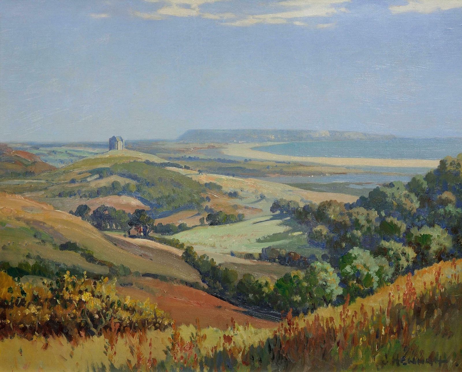 Joseph Edward Hennah 1897 To 1963. Dorset. Abbotsbury Hill View. Chesil Beach & Portland. St Catherine’s Chapel & The Fleet. Framed Oil Painting. photo furniture