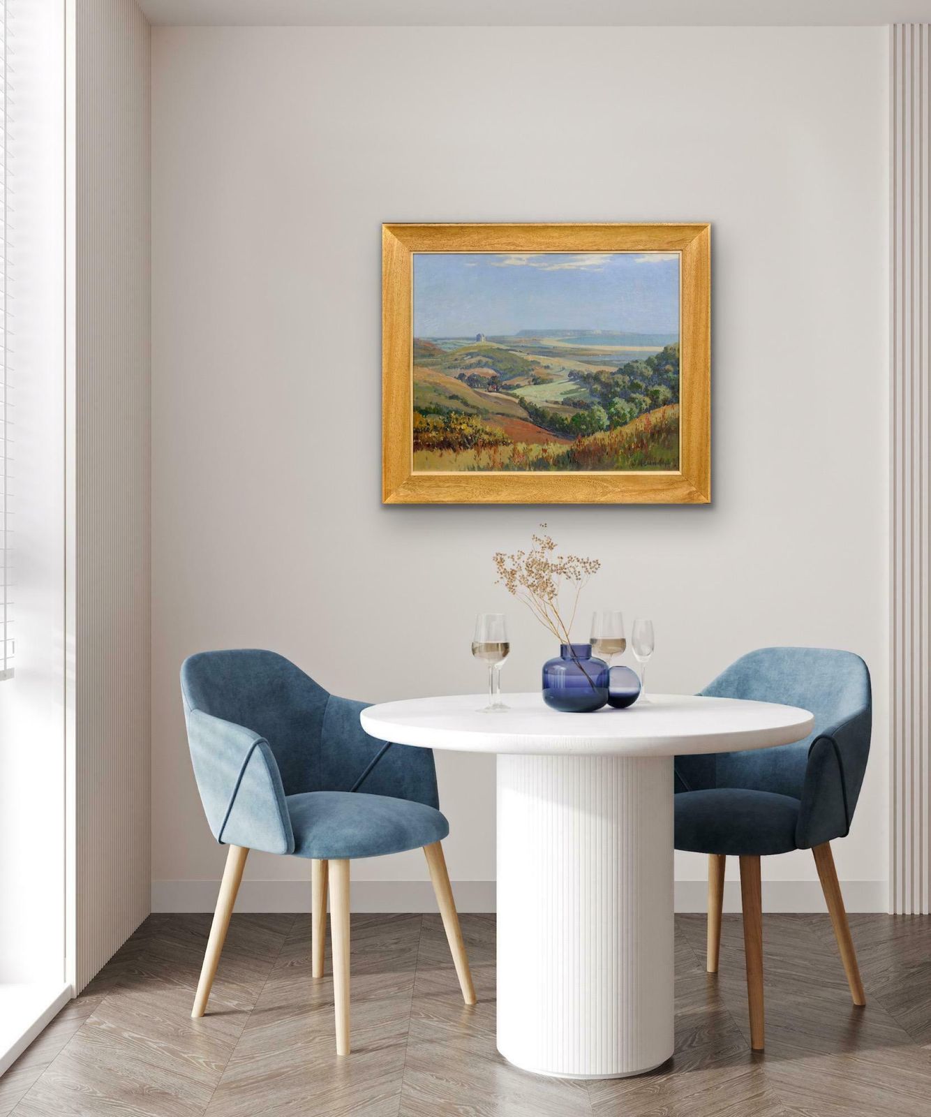 photo furniture Joseph Edward Hennah 1897 To 1963. Dorset. Abbotsbury Hill View. Chesil Beach & Portland. St Catherine’s Chapel & The Fleet. Framed Oil Painting.