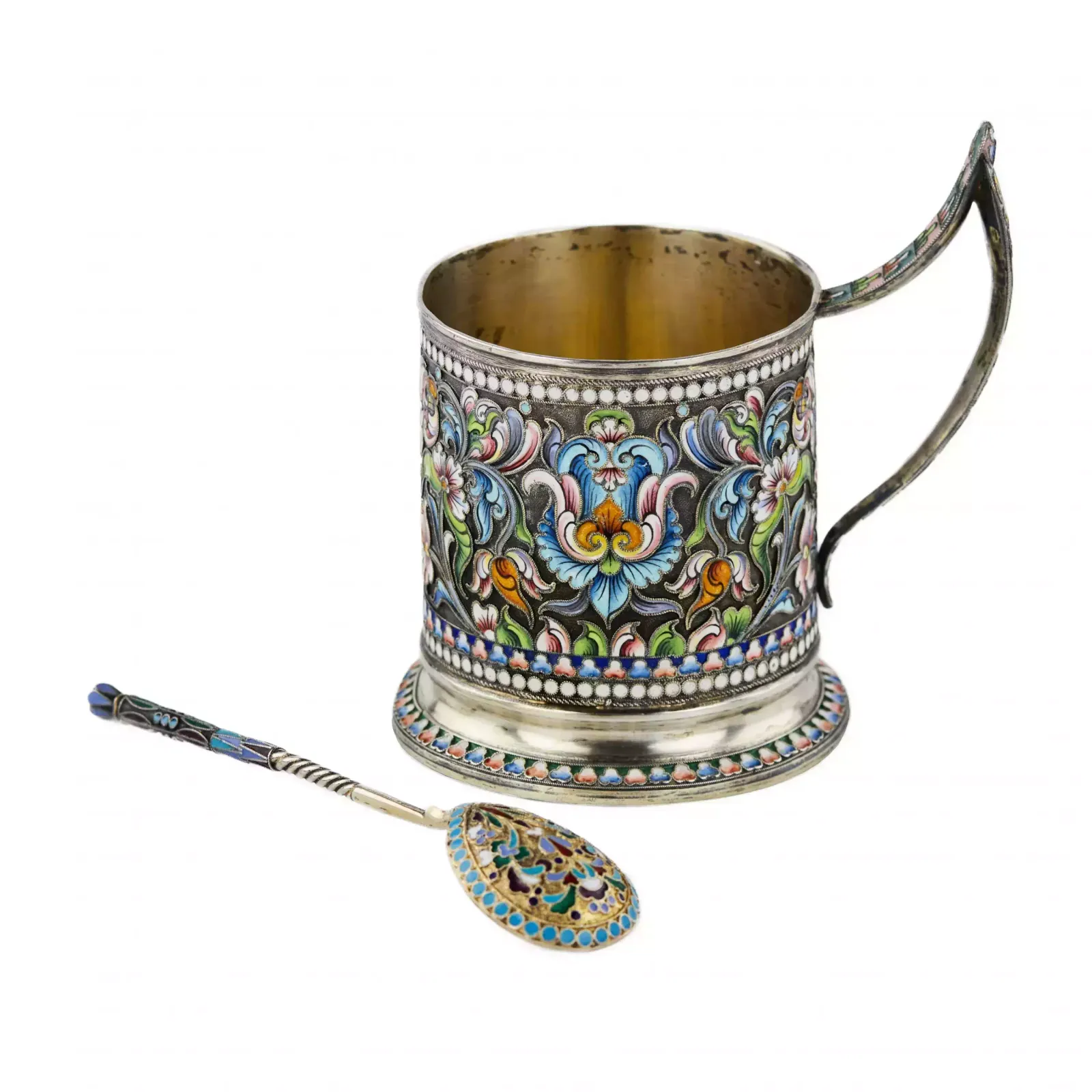 Silver Glass Holder With A Spoon Decorated With Cloisonne Enamel. Moscow 1908 1917.