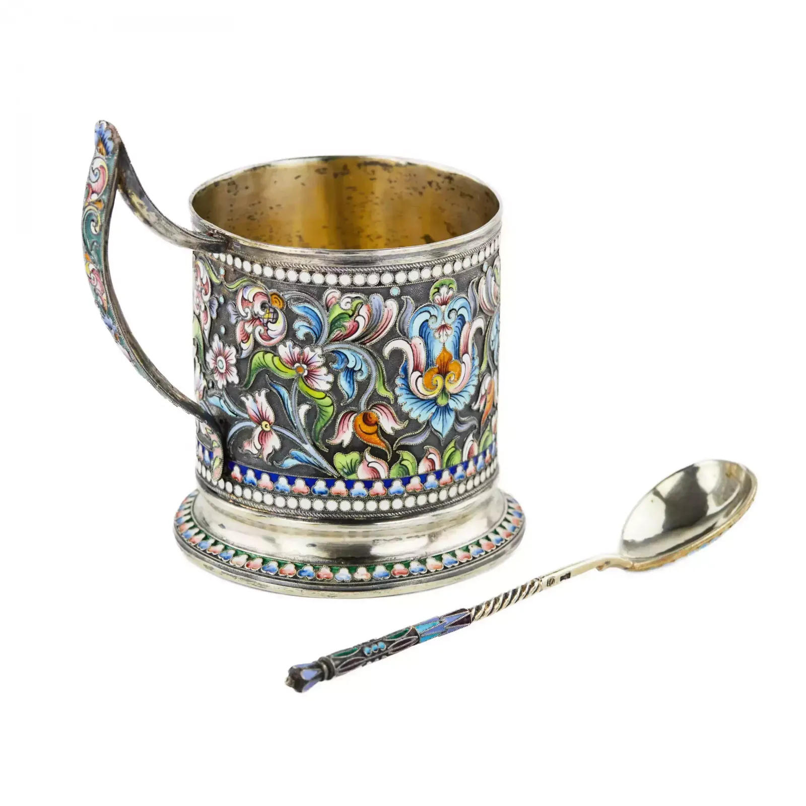 Silver Glass Holder With A Spoon Decorated With Cloisonne Enamel. Moscow 1908 1917. photo for sale