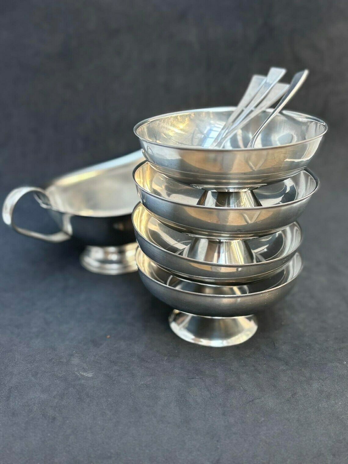 photo furniture Ice Cream Set 4 Cups, Sauce Boat And 4 Spoons Vintage French Metal As New, Mom Gift Hostess Wedding Gift Cream Bowl Fruit Salad Footed