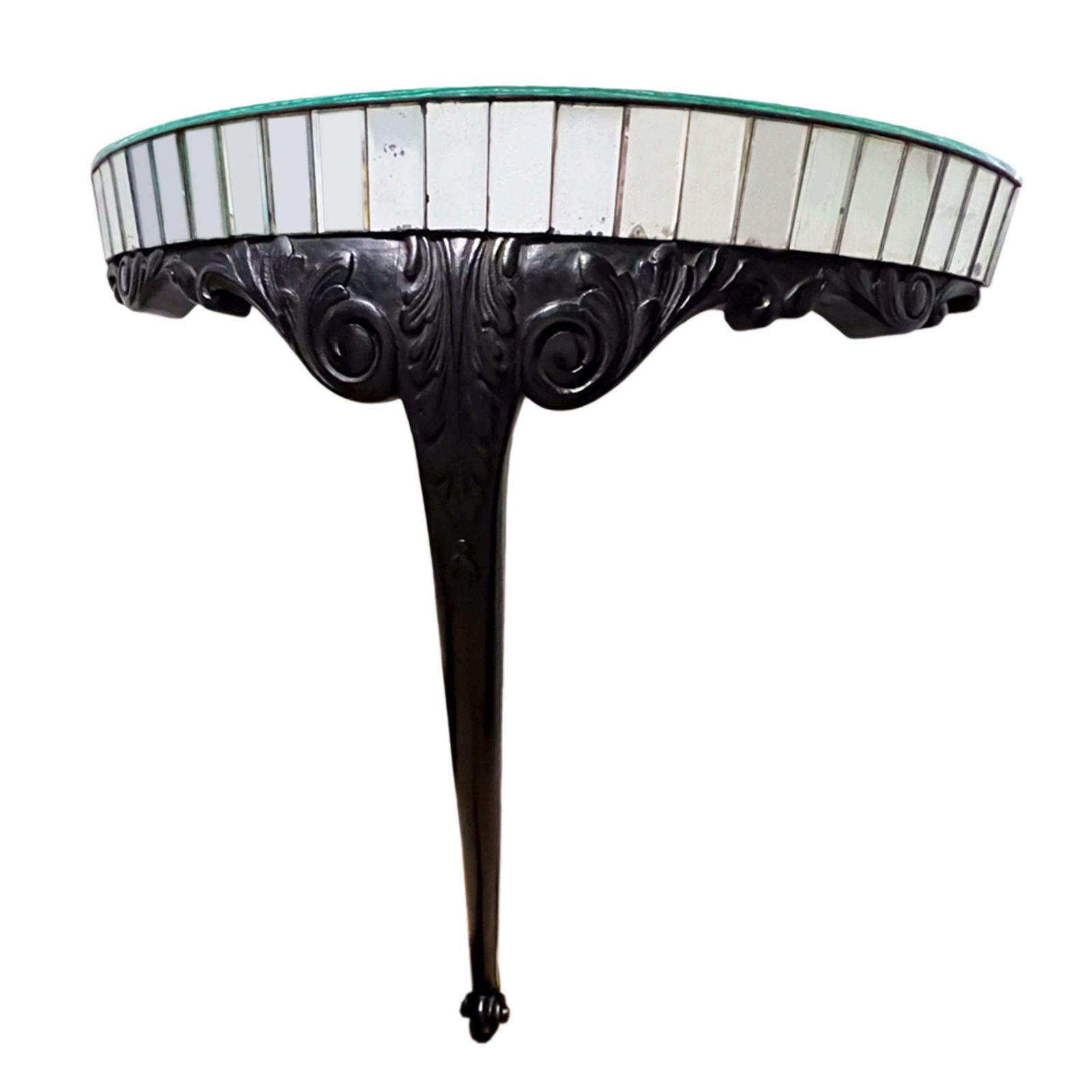 Pair Of Ebonised Carved Wood & Mirror Console Tables photo for sale