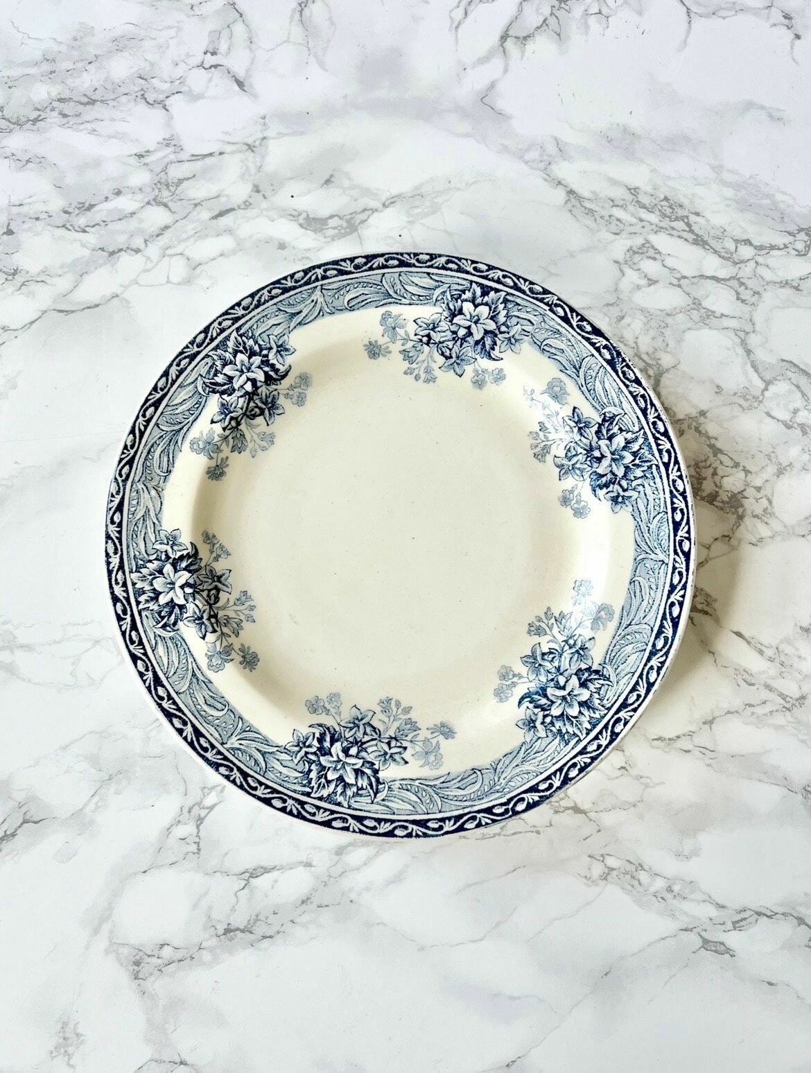 Terre De Fer Mounted Plate Old Earthenware Cake Dish Blue Decor Baroque Flowers France Sarreguemines Gien Model Condé