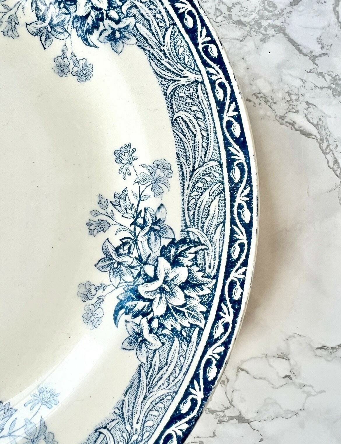 Terre De Fer Mounted Plate Old Earthenware Cake Dish Blue Decor Baroque Flowers France Sarreguemines Gien Model Condé photo furniture