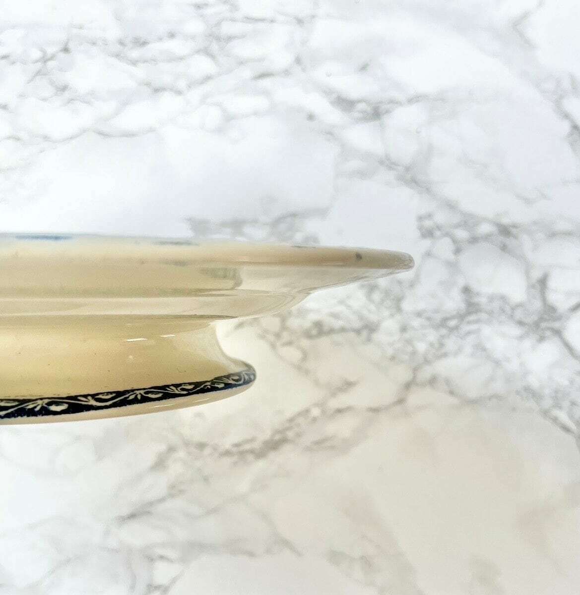 Terre De Fer Mounted Plate Old Earthenware Cake Dish Blue Decor Baroque Flowers France Sarreguemines Gien Model Condé photo for sale