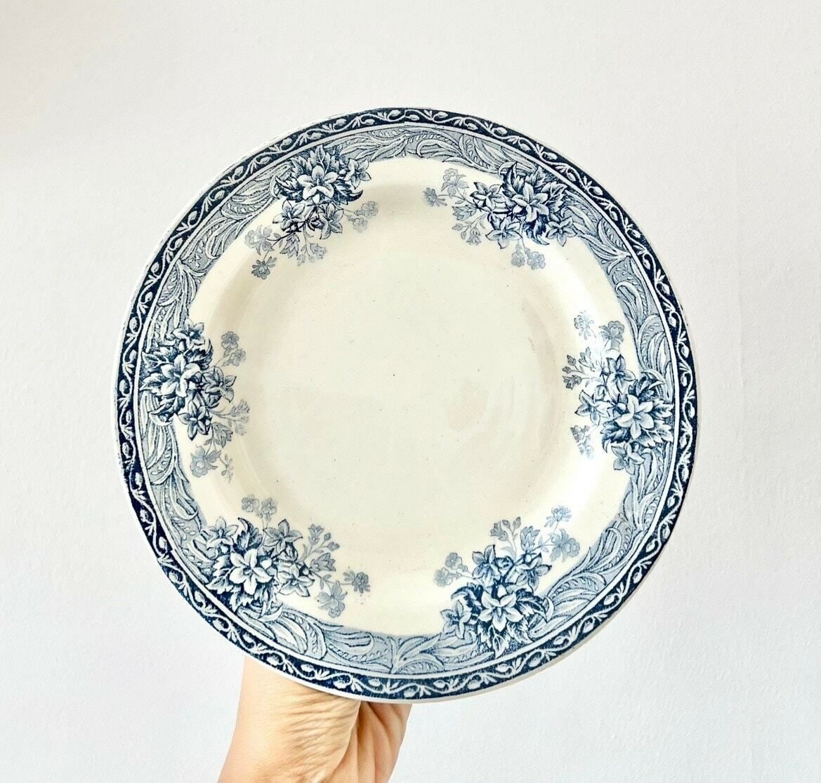 Terre De Fer Mounted Plate Old Earthenware Cake Dish Blue Decor Baroque Flowers France Sarreguemines Gien Model Condé photo vinterior