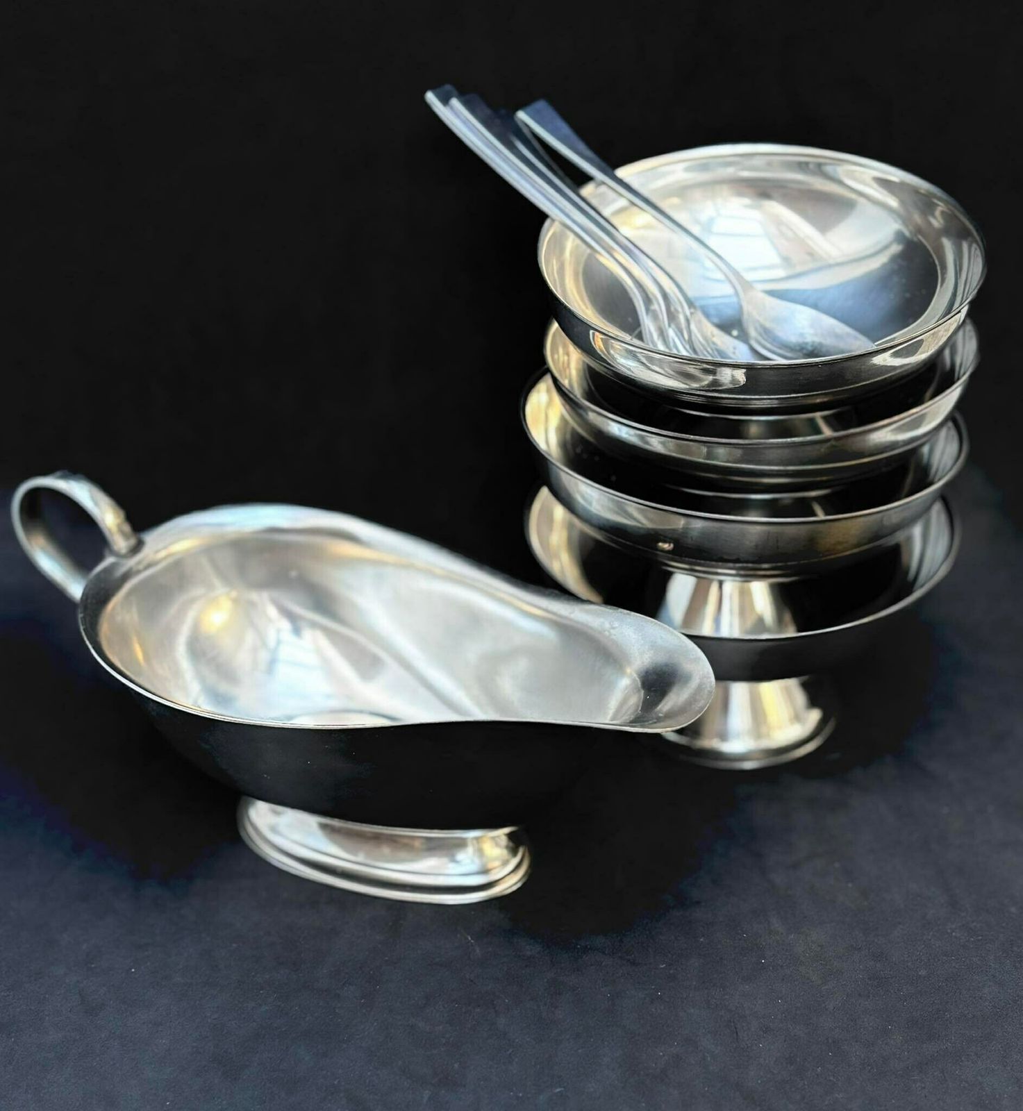 Ice Cream Set 4 Cups, Sauce Boat And 4 Spoons Vintage French Metal As New, Mom Gift Hostess Wedding Gift Cream Bowl Fruit Salad Footed photo 116.0