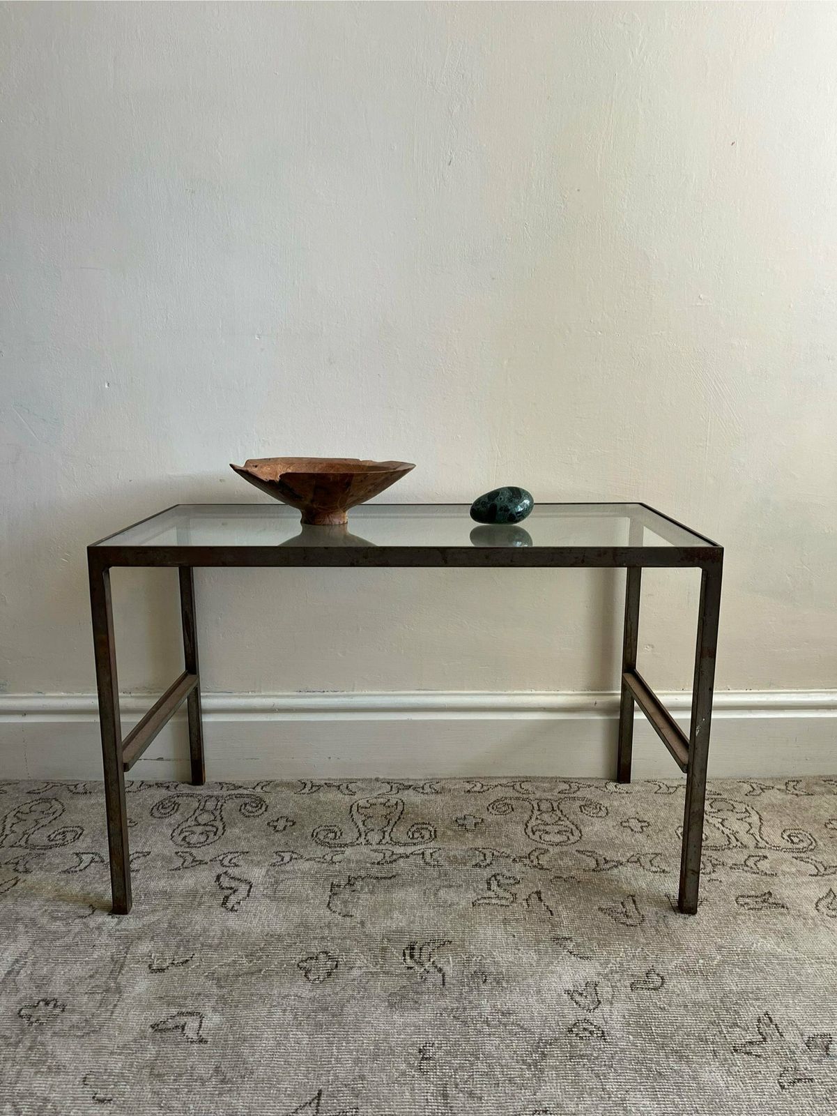 Vintage Industrial Steel Frame Coffee Or Side Table With A Minimalist Design And Glass Top