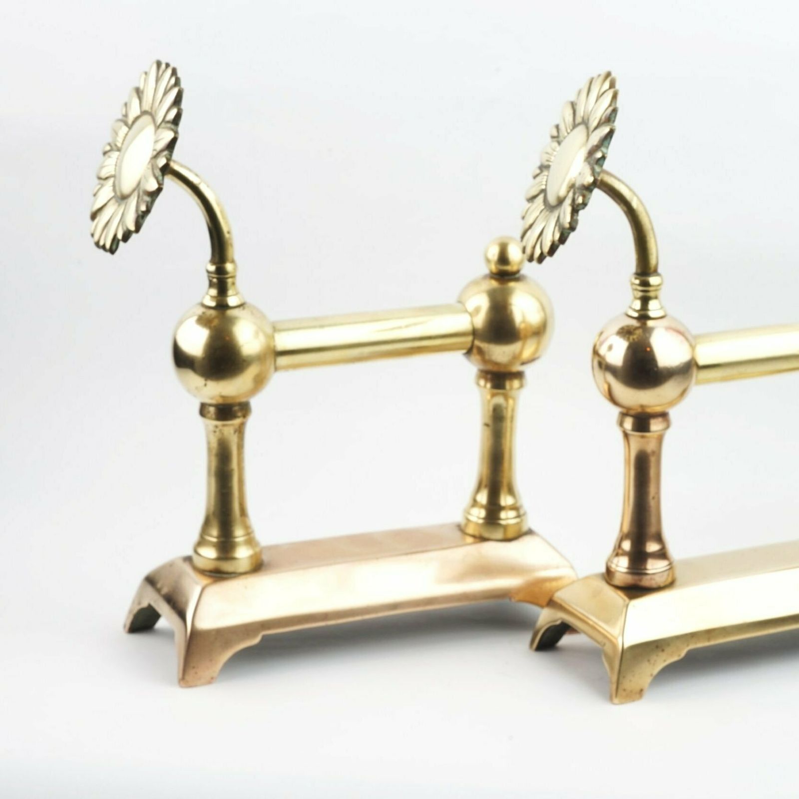 A Pair Of Aesthetic Movement Sunflower Brass Fire Dogs, Circa 1875 photo Home Decor